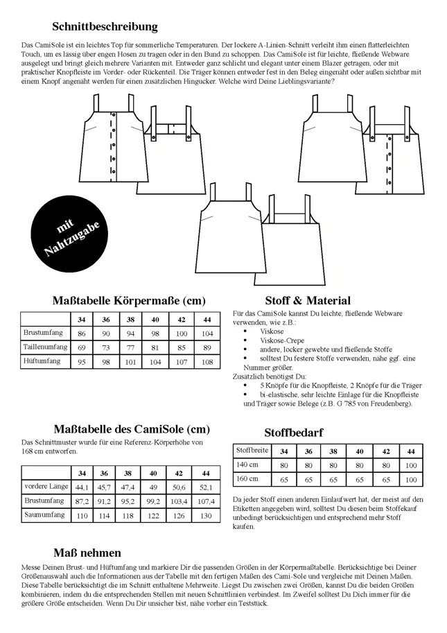 Trägertop CamiSole - Schnittduett Sewing Pattern (German)