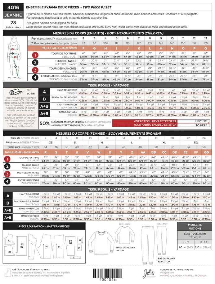 Jeanne Knit PJ Set - Jalie Schnittmuster (Englisch/Französisch)