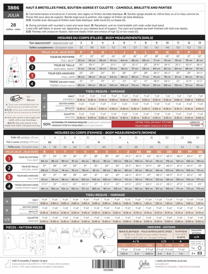 Julia Camisole, Bralette and Pants - Jalie Sewing Pattern (English/French)