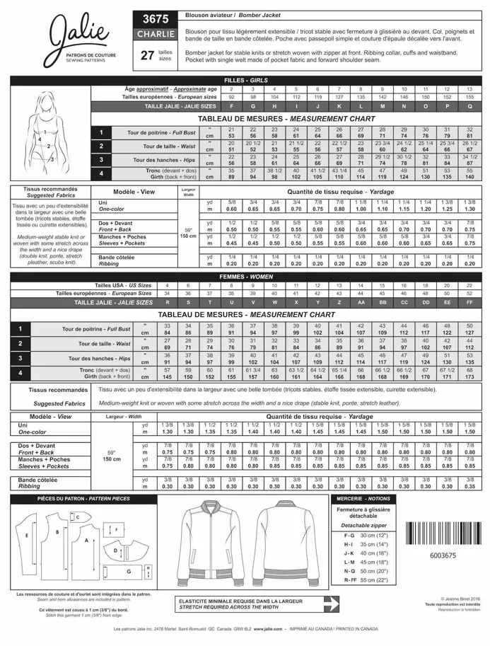 Charlie Bomber Jacket - Jalie Schnittmuster (Englisch/Französisch)
