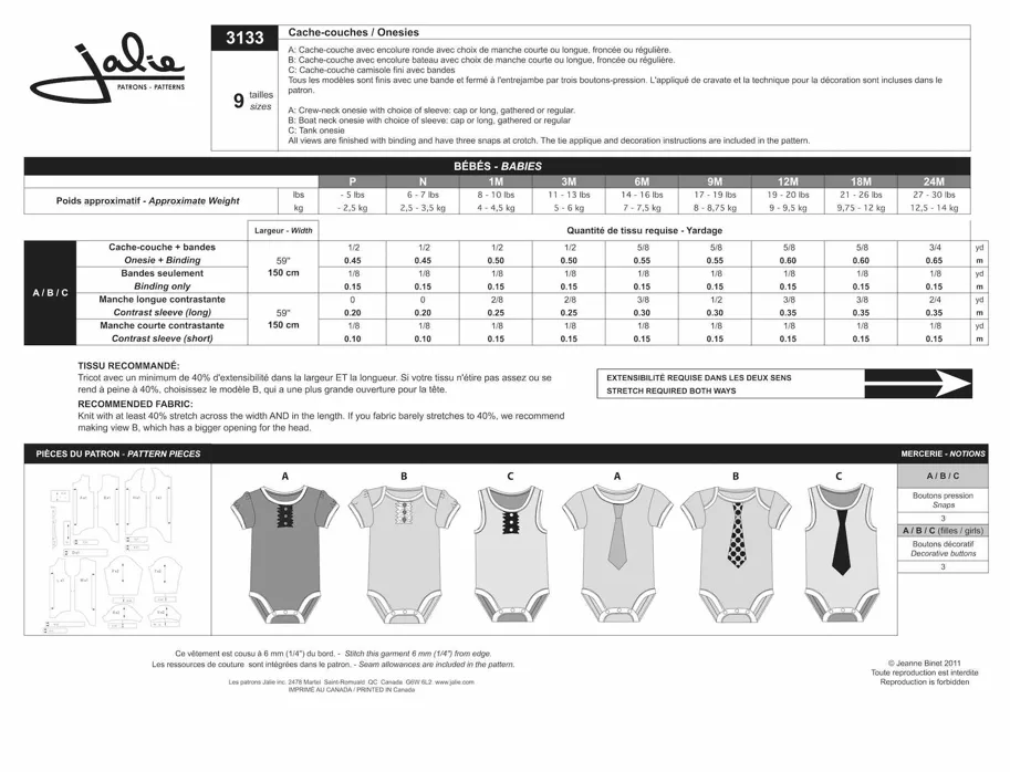 Bodysuits for Babies - Jalie Schnittmuster (Englisch/Französisch)