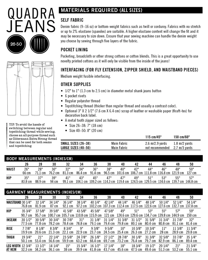 Quadra Jeans - Thread Theory Schnittmuster (Englisch)