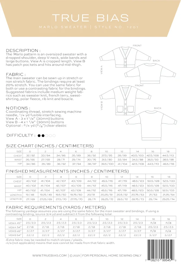 Marlo Sweater 0-18 - True Bias Sewing Pattern (English)