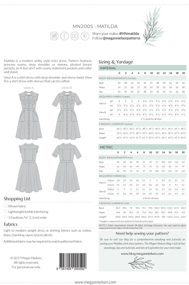 Matilda Dress - Megan Nielsen Sewing Pattern (English)