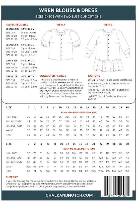 Wren Dress and Top - Chalk & Notch Schnittmuster (Englisch)