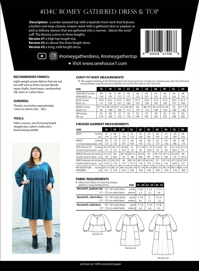 Romey Gathered Dress and Top 16-34 - Sew House Seven Sewing Pattern (English)