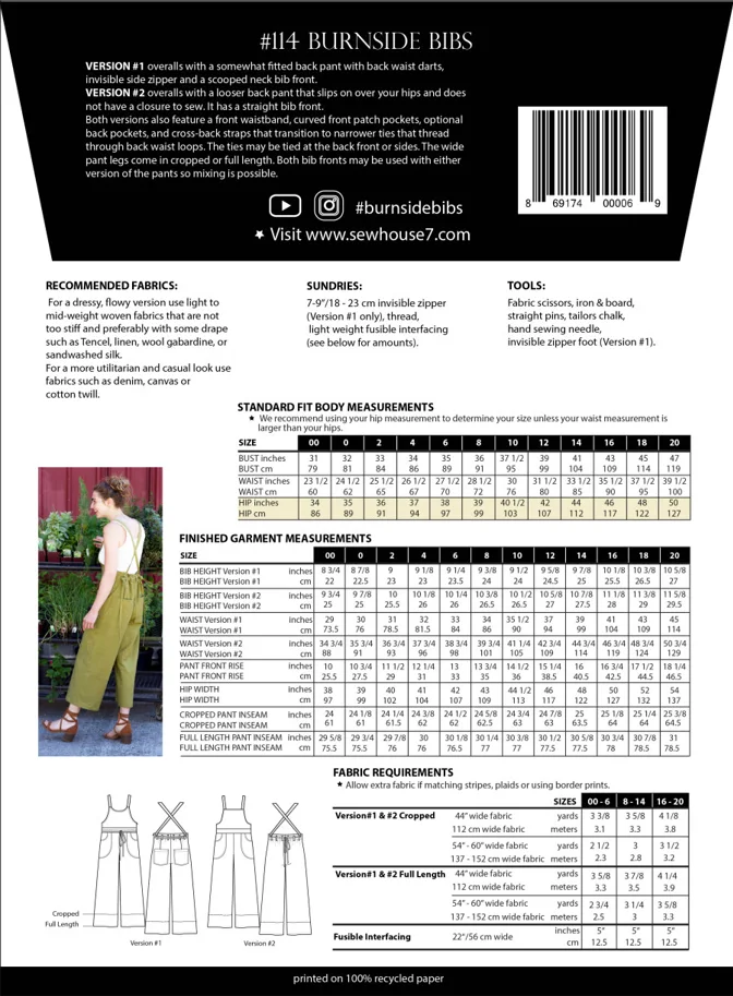 Burnside Bibs 00-20 - Sew House Seven Sewing Pattern (English)