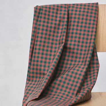 Organic Gingham Cotton - Bottle Green Coral Red