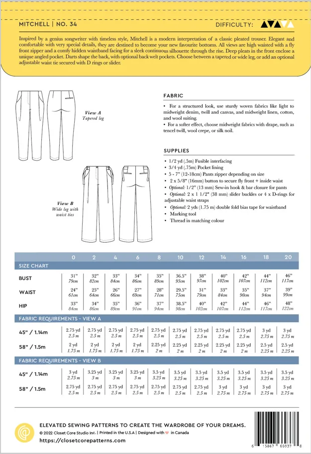 Mitchell Trousers - Closet Core Schnittmuster (Englisch)