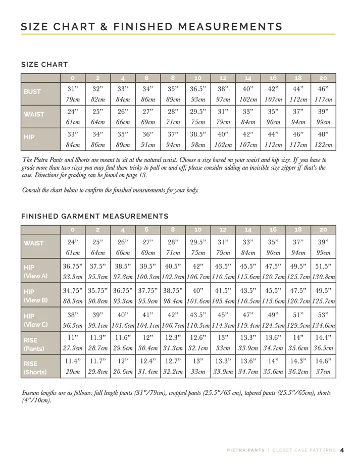 Pietra Pants and Shorts - Closet Core Schnittmuster (Englisch)