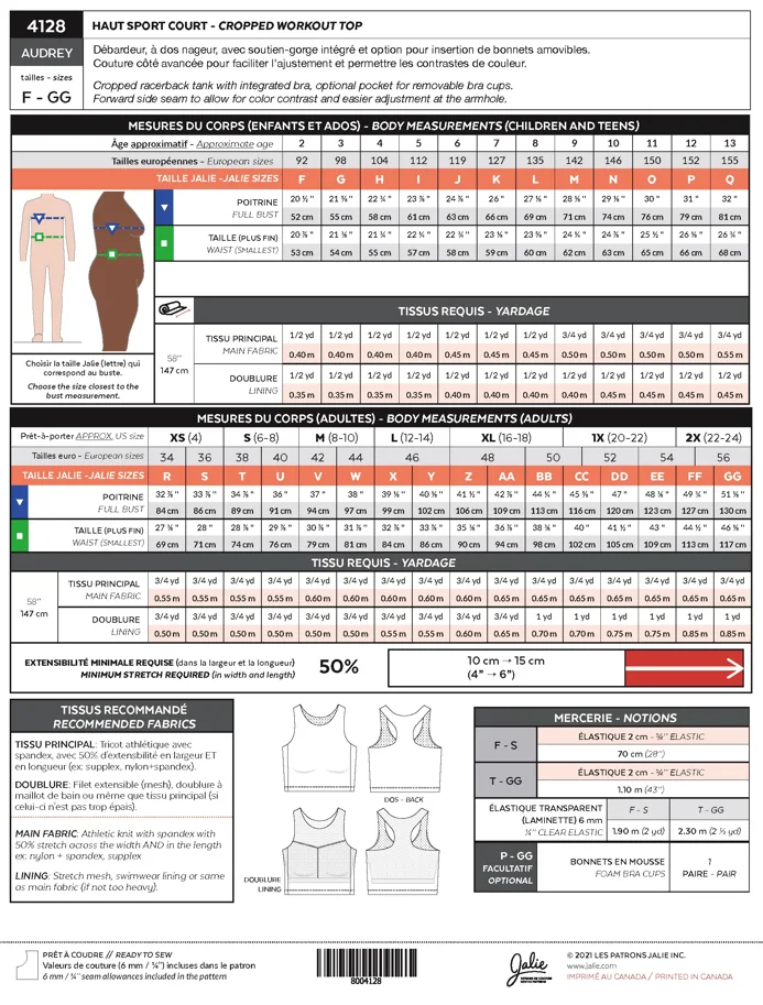 Audrey Cropped Workout Top - Jalie Sewing Pattern (English/French)