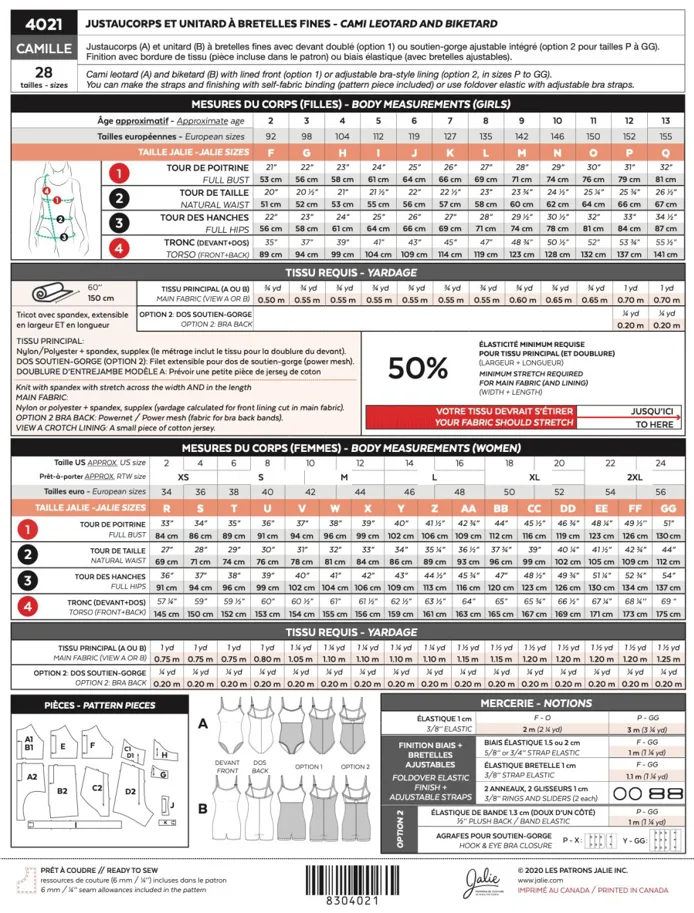 Camille Cami Leotard and Biketard - Jalie Sewing Pattern (English/French)