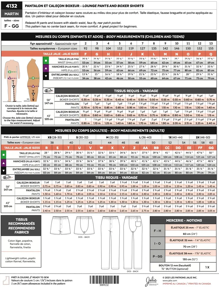 Martin Lounge Pants and Boxershorts - Jalie Sewing Pattern (English/French)
