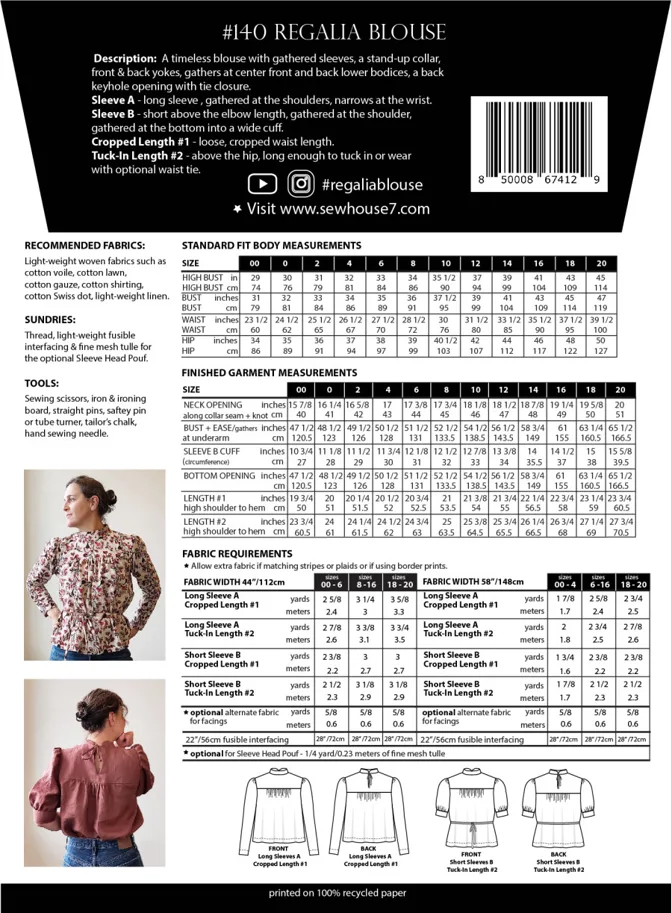 Regalia Blouse 00-20 - Sew House Seven Sewing Pattern (English)