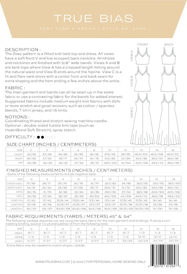 Zoey Tank and Dress 0-18 - True Bias Sewing Pattern (English)