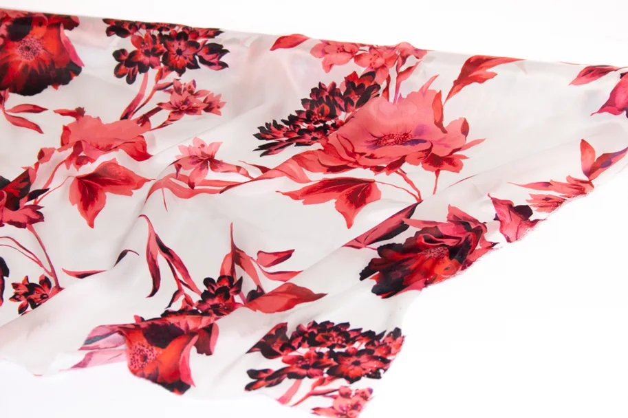 Seide Satin Deadstock - Red White Flowers